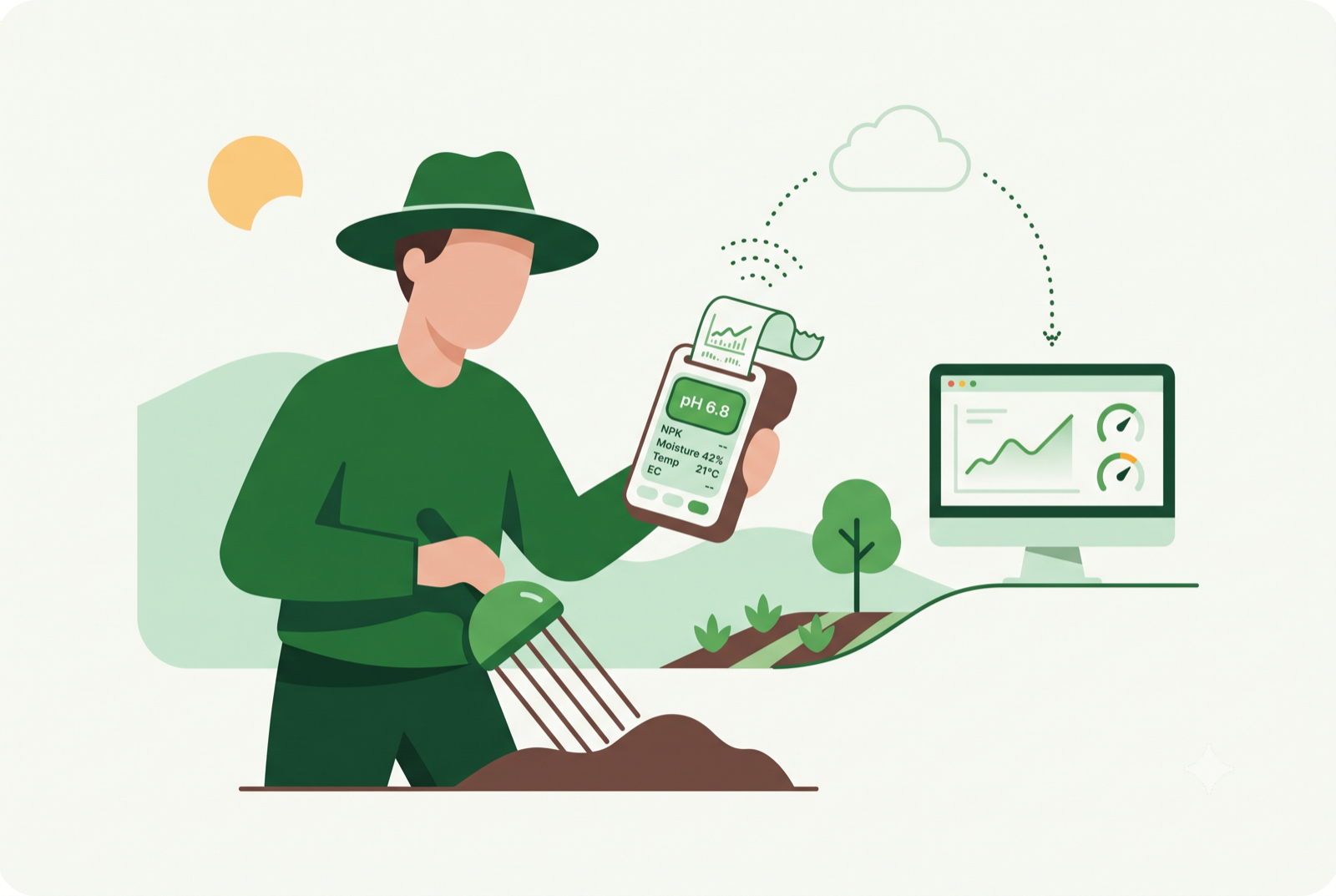 Illustration of a farmer inserting a MatoSense five-rod soil sensor probe into farmland, reading live soil data on a handheld device that prints a report and syncs to a computer dashboard